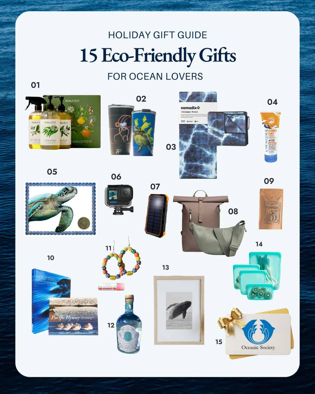 Oceanic Society Infographic illustrating 15 eco-friendly gifts for ocean lovers, including sustainable products, experiences, and conservation-focused options.