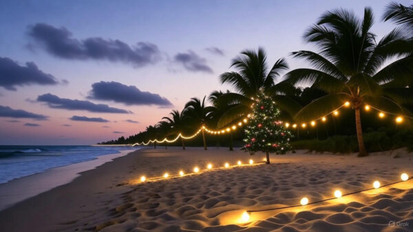 Sunset on a beach with palm trees and a glowing Christmas tree decorated with lights, creating a festive, tropical holiday scene.