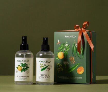 Koala Eco natural cleaning products in recycled bottles, including hand wash, dish soap, and laundry liquid, designed for eco-friendly households.