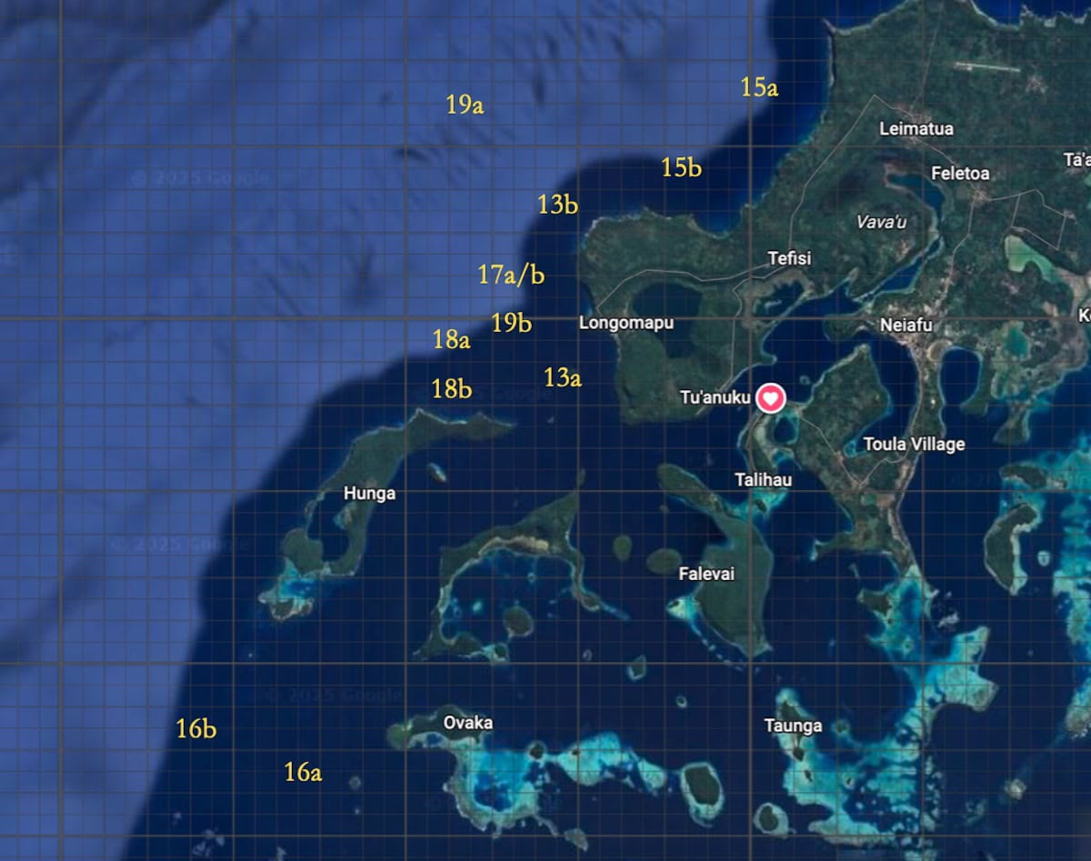 Map of Tongan waters showing locations of humpback whale sightings during the September 2025 Oceanic Society expedition, including individual whale and pod movements recorded by naturalists.